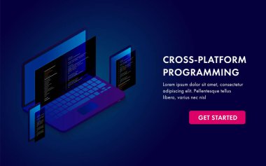 Cross platform programming and software development website template, landing page or banner isometric 3D design. Set of electronic devices use cross-platform web app development multi-device coding. clipart
