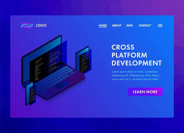 多平台软件开发和编码编程网站模板，着陆页或横幅等轴测3D设计。一套电子设备使用跨平台 Web 应用开发多设备. — 图库矢量图片