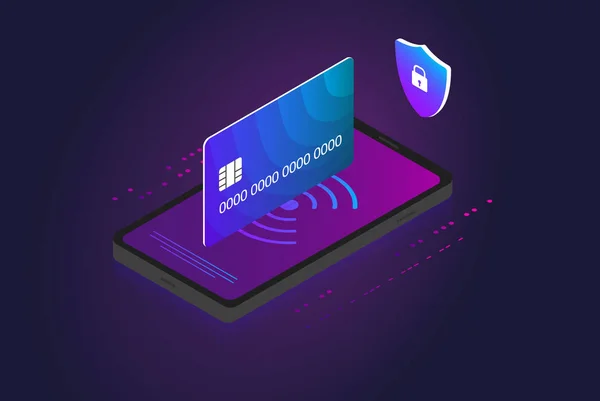 Elektronische betaling isometrische veilig icon, online bankieren met smartphone en credit bankkaart — Stockvector
