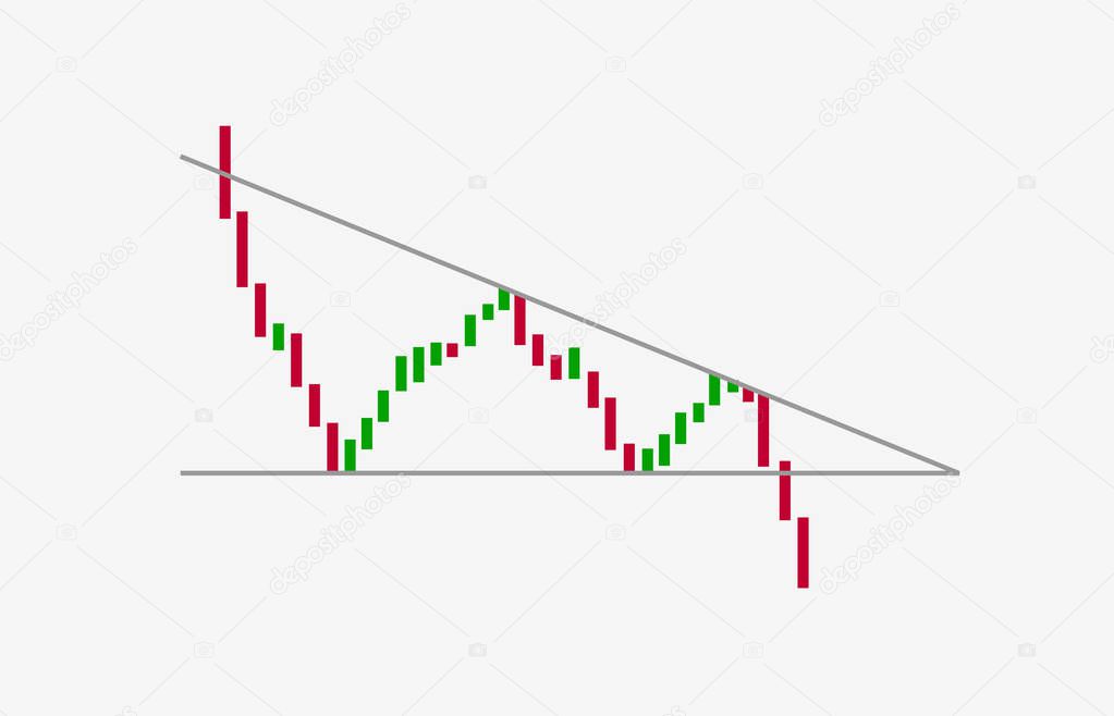 Descending triangle bearish breakouts flat icon. Vector stock and cryptocurrency exchange graph, forex analytics and trading market chart. Descending triangle pattern figure technical analysis.