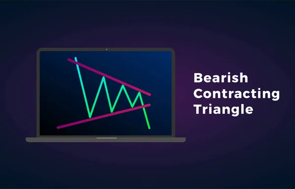 Modèle de triangle contractuel baissier figure analyse technique ordinateur portable. Graphique vectoriel de bourse et de change crypto-monnaie, analyse forex et graphique de marché de négociation icône vectorielle plate . — Image vectorielle