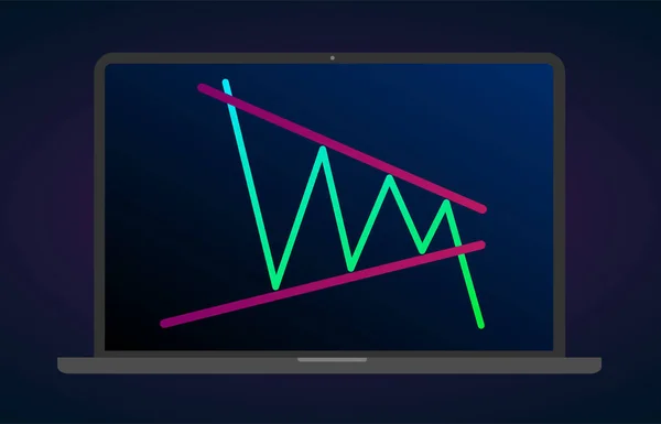 Bearish Contracting driehoek patroon figuur technische laptop analyse. Vector voorraad en cryptogeld uitwisseling grafiek, Forex Analytics en trading markt grafiek plat vector pictogram. — Stockvector