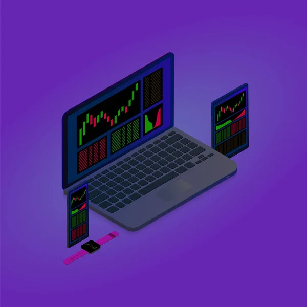 Cryptocurrency, forex, stock market exchange landing page template. Modern flat isometric design concept with laptop, smartphone, tablet pc, smartwatch for website header, banner, layout — Stock Vector