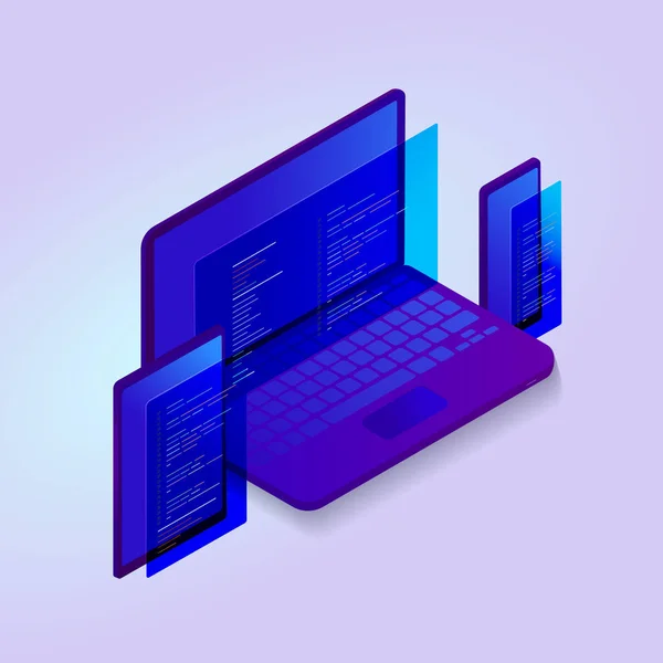 3D Isometrische programmeercode vector pictogram met laptop, telefoon en Tablet pictogram met code op de schermen van apparaten. Ontwerp voor nieuws, website sjabloon, landingspagina of banner. — Stockvector