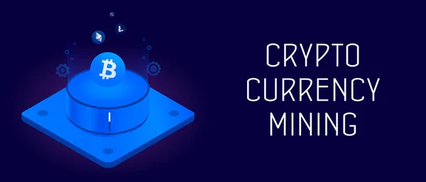 Criptomoeda mineração conceito isométrico horizontal. Blockchain, ilustração de vetor de dinheiro digital. Bitcoin, Litecoin, Ethereum criptomoeda mineração fazenda cabeçalho e rodapé modelo de banner com texto — Vetor de Stock