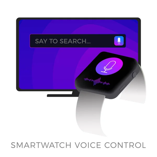 스마트 TV 스마트 워치 음성 리모컨, 평면 벡터 아이콘. 스마트 워치 음성 보조 시스템 개념, 음성 인식. 컬러 배경 과 검색바가 있는 블랙 TV — 스톡 벡터