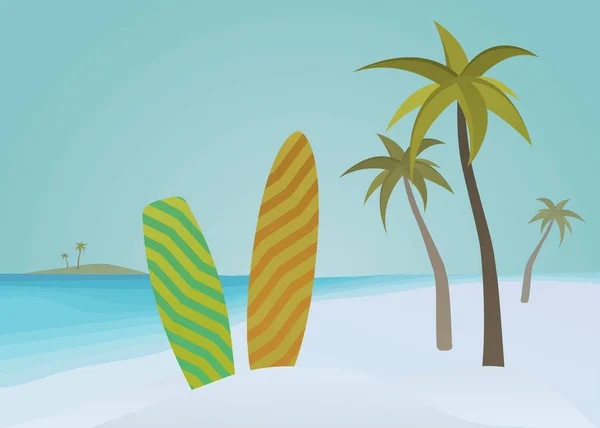 Surfen en wakeboarden boord - zomer sport vector concept illustratie. Surfplank en wakeboard vast in het zand tegen een turquoise oceaan en blauwe lucht. Eiland met zandstrand en palmbomen. — Stockvector