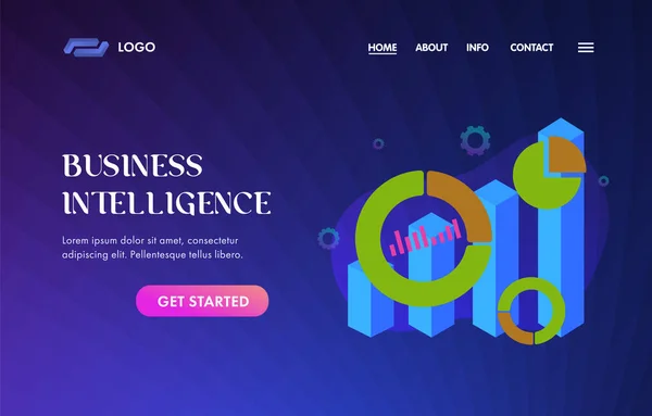 Business Intelligence UI UX vector web template voor website header, banner, slider of landing page. Big Data Analytics met Grafiek en grafiek pictogrammen, belangrijkste prestatie-indicatoren (KPI) op violette achtergrond — Stockvector