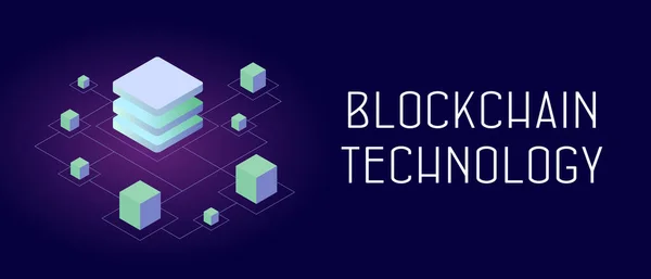 Tecnologia Blockchain - P2P distribuído tecnologia de contabilidade (DLT) cadeia de bloqueio inteligente de armazenamento seguro descentralizado. Blocos isométricos abstratos conectados um ao outro por uma linha. Banner de cabeçalho e rodapé — Vetor de Stock