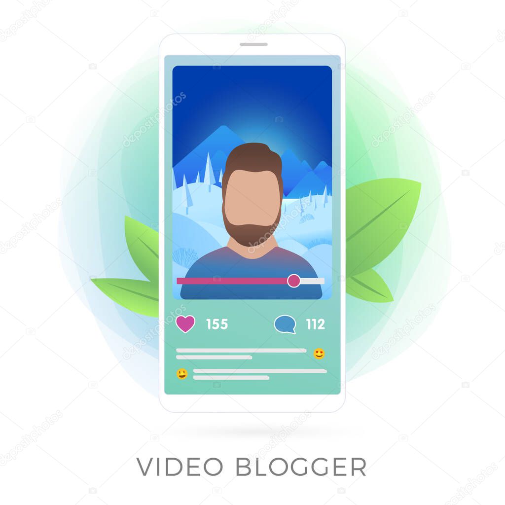 Video blogger icon concept. A caucasian hipster influencer man with a beard against the backdrop of a landscape of mountains and trees is recording video and streaming for subscribers on smartphone