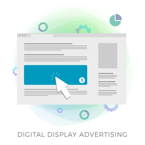 Dijital Görüntü Reklamcılığı düz vektör simgesi konsepti. Çevrimiçi internet sitesi ve büyük pazarlama reklam pankartı ve fare imleç simgesi içeren bir dizüstü bilgisayar ekranı, beyaz arkaplanda izole edilmiş.. — Stok Vektör