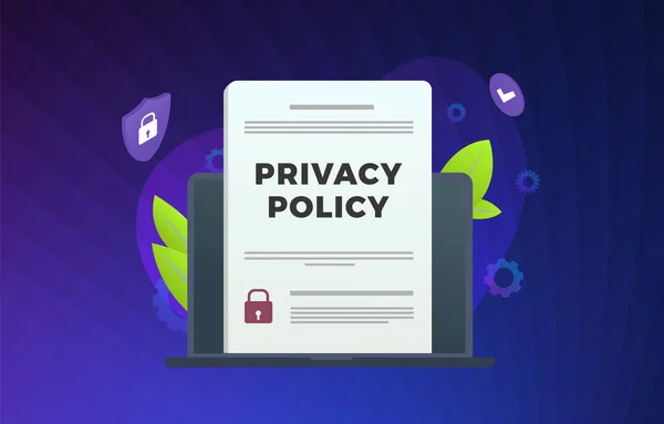 Privacy Policy modern vector illustration. Security Data Access - contract with protection information, shield icon on laptop. Cyber Security Business Technology Concept with violet background. — Stock Vector