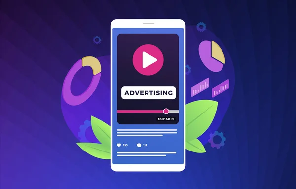 Відео Реклама сучасна Векторна ілюстрація. Цифровий маркетинг з онлайн-трансляцією та потоковим відеоконтентом, бізнес-концепцією. Реклама медіа на екрані мобільного смартфона з фіолетовим фоном . — стоковий вектор