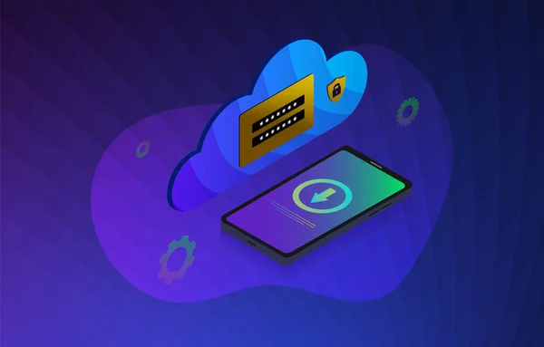 Cloud Storage Backup Vektor Illustrationskonzept. Herunterladen und Online-Speichern vertraulicher Informationen. Mobiltelefone und Cloud, die Daten (Fotos, Kontakte, Notizen und private Informationen) austauschen). — Stockvektor