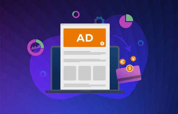 Online reklám bevételek Növelje vektor illusztráció koncepció. Adatvezérelt marketing ólomtermeléssel és növekedési nyereséggel. Laptop egy nagy reklám banner a képernyőn — Stock Vector