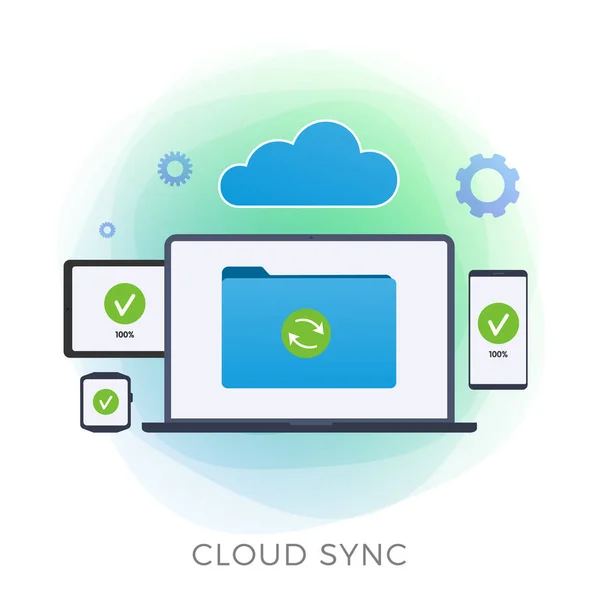 Cloud Sync flache Vektor-Symbol. Persönliche Datensicherung, Cloud Computing Storage Network Vernetzt und synchronisiert alle Geräte, Upload und Download privater, sicherer Informationen und Dateien isoliert auf weiß — Stockvektor