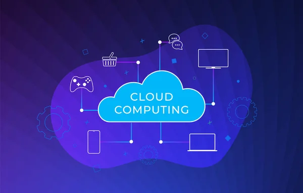 Cloud Computing företag vektor illustration. Nätlagring trådlöst internet teknik koncept. Nätverksåtkomst på begäran till konfigurerbara datorresurser - laptop, smartphone, spel, shopping — Stock vektor