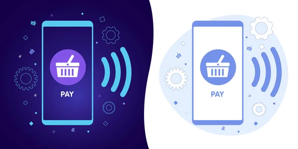 Online betalen - NFC Mobile money transferating technology concept. Ikoon set concept met zwart-witte achtergrond, donkere ultra violette neon gloeiende dunne pictogram en licht-blauwe illustratie — Stockvector