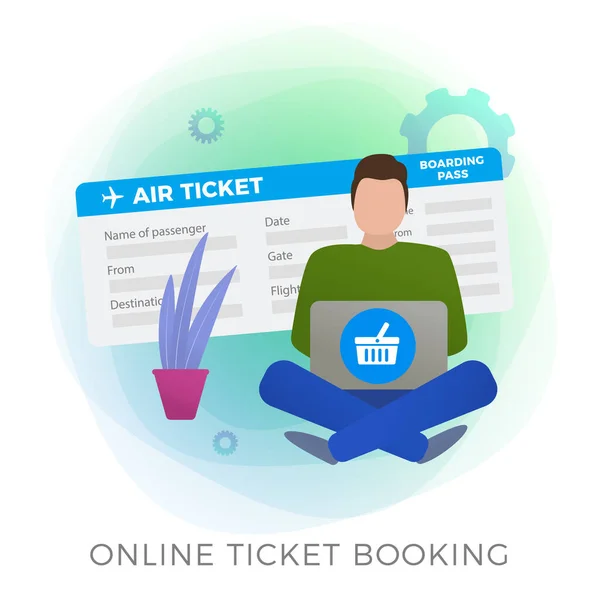 Αεροπορικά Εισιτήρια Online Booking επίπεδη διάνυσμα εικονίδιο. Ο άνθρωπος κάνει το ταξίδι του κρατήσεις με το κινητό app ή υπηρεσία ιστοσελίδα για την κράτηση ταξιδιωτικών διακοπών ή την αγορά και κράτηση εισιτηρίων διακοπών — Διανυσματικό Αρχείο