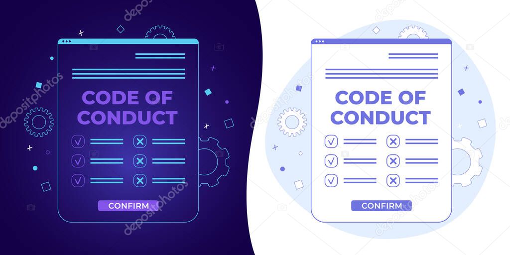 Code of Conduct vector concept with black and white background, dark ultra violet neon glowing thin icon and light-blue illustration. Document with concept of ethical, values, rules, principles
