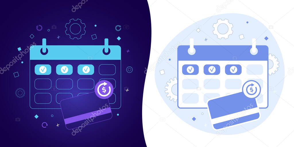 Subscription payment vector concept with black and white background, dark ultra violet neon glowing thin icon and light-blue illustration. Credit Bank card with a recurring payment icon and calendar