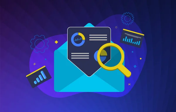 E-mail analytics vector illustratie. Business e-mail marketing service concept. Analyse met grafieken en grafiek van reclame, nieuws, promotiemateriaal per post aan abonnees — Stockvector