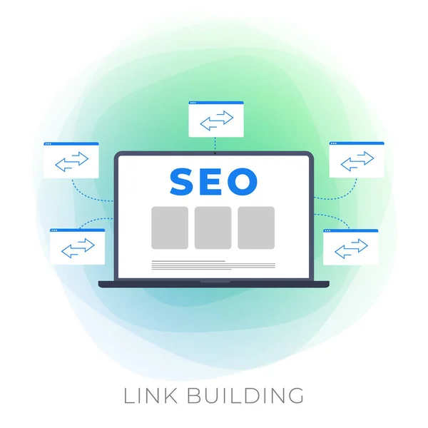 Link Building vetor plano ícone moderno - estratégia de SEO com backlink Digital Search Engine Optimization Marketing conceito de negócio com um site aberto no laptop e ícones de outros sites que adicionaram um link — Vetor de Stock