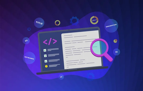 En la página SEO vector plano ilustración moderna. Concepto de optimización de motores de búsqueda web. Desarrollo de sitios web para un mejor posicionamiento en los motores de búsqueda. Fijación del título, descripción, palabras clave, h1, h2 — Vector de stock