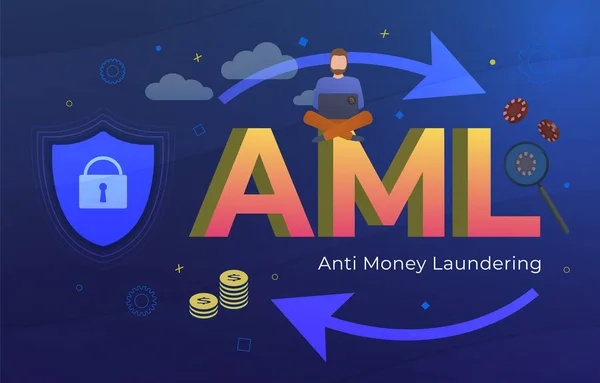 Anti-witwassen (AML acroniem) Business Concept. Stop illegale corruptie van zwart geld en financiële banken. Man met een laptop en onopvallende Bitcoin sticker rond het casino chip en fiat geld — Stockvector