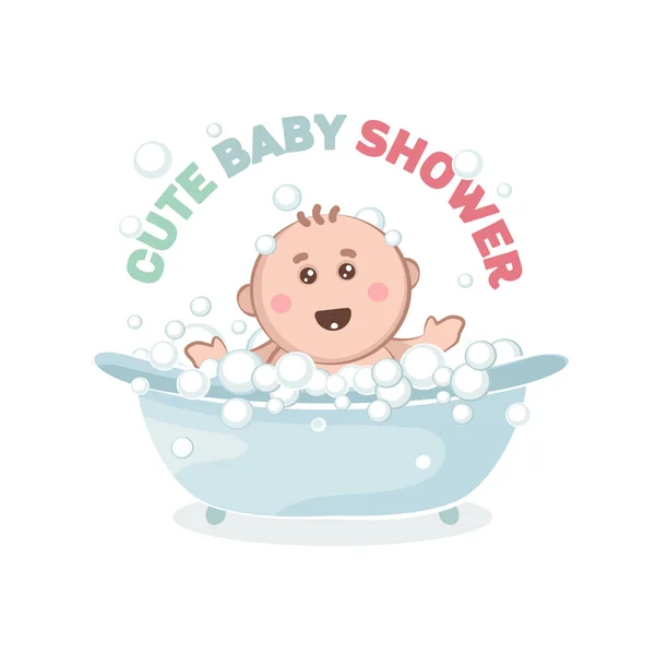 Illustration of baby in a bath with bubbles. A joyful Kid takes a bath. — Stock Vector