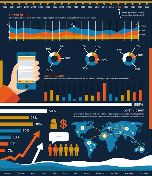 Infographic elementen met inbegrip van de statistische grafieken, diagrammen voor zakelijke rapporten en presentatie. — Stockvector