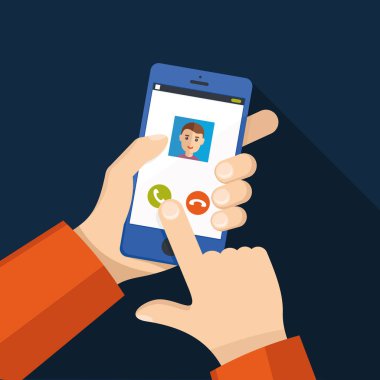 Smartphone ekran gelen arama. Arama Servisi. Smartphone, parmak dokunmatik ekran el tutar.