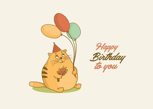 Gato gordo bonito em uma tampa do partido e balão. Gato grande com um buquê de flores. Feliz aniversário. —  Vetores de Stock