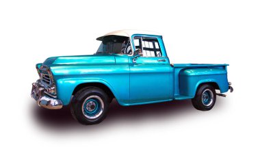 Mavi 1959 Chevrolet Apache 3100 klasik beyaz arka plan üzerinde izole kamyonet