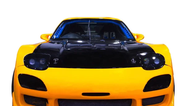 New Japanese tuned yellow sports car. Front view. White backgrou — Stock Photo, Image