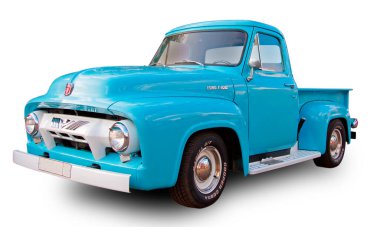 Klasik Amerikan Ford F-100 Özel Taksi Taksisi 1953 beyaz arka planda izole edildi.