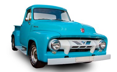 Klasik Amerikan Ford F-100 Özel Taksi Taksisi 1953 beyaz arka planda izole edildi.