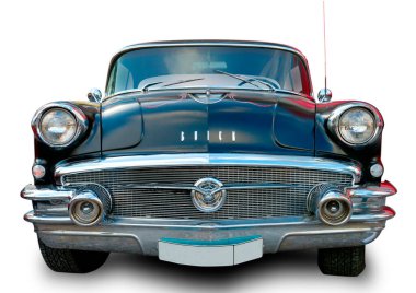 Klasik Amerikan klasik arabası Buick Special 1956 beyaz arka planda izole edildi. Ön görünüm.
