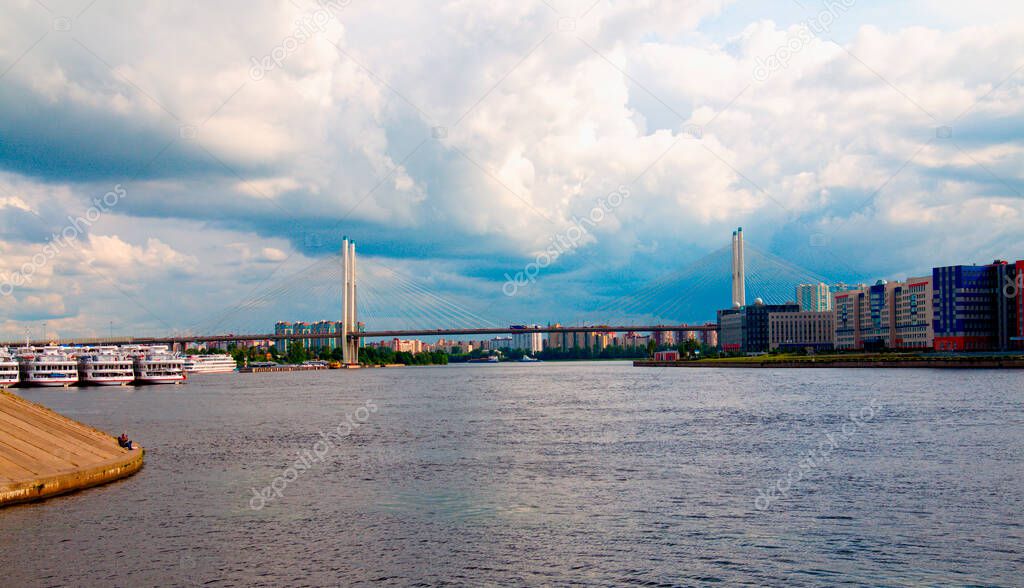 Big Obukhovsky bridge. Cable-stayed fixed bridge across Neva river in St. Petersburg. Russia.