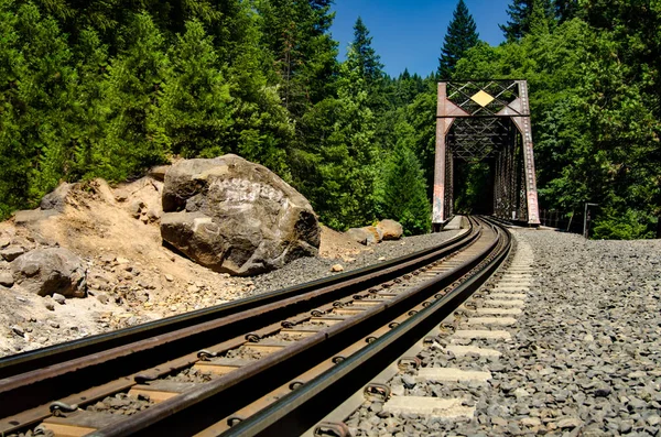 สะพานรถไฟเก าและถนนรถไฟในม มมองต — ภาพถ่ายสต็อก
