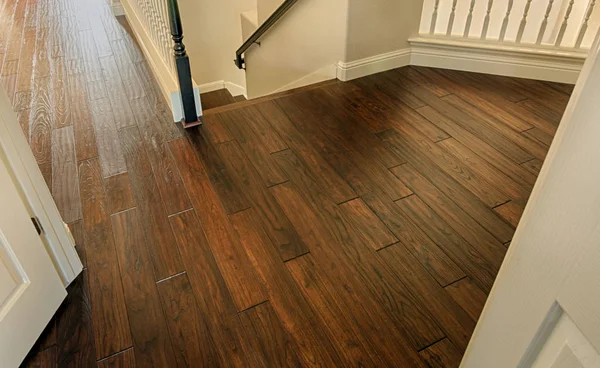 Luxury Home Floor Hardwood Planks Dark Brown Color Second Floor — Stock Photo, Image