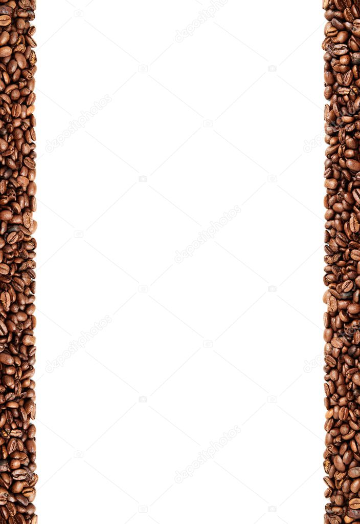 coffee beans strips isolated on white background, negative space, vertical orientation, high resolution