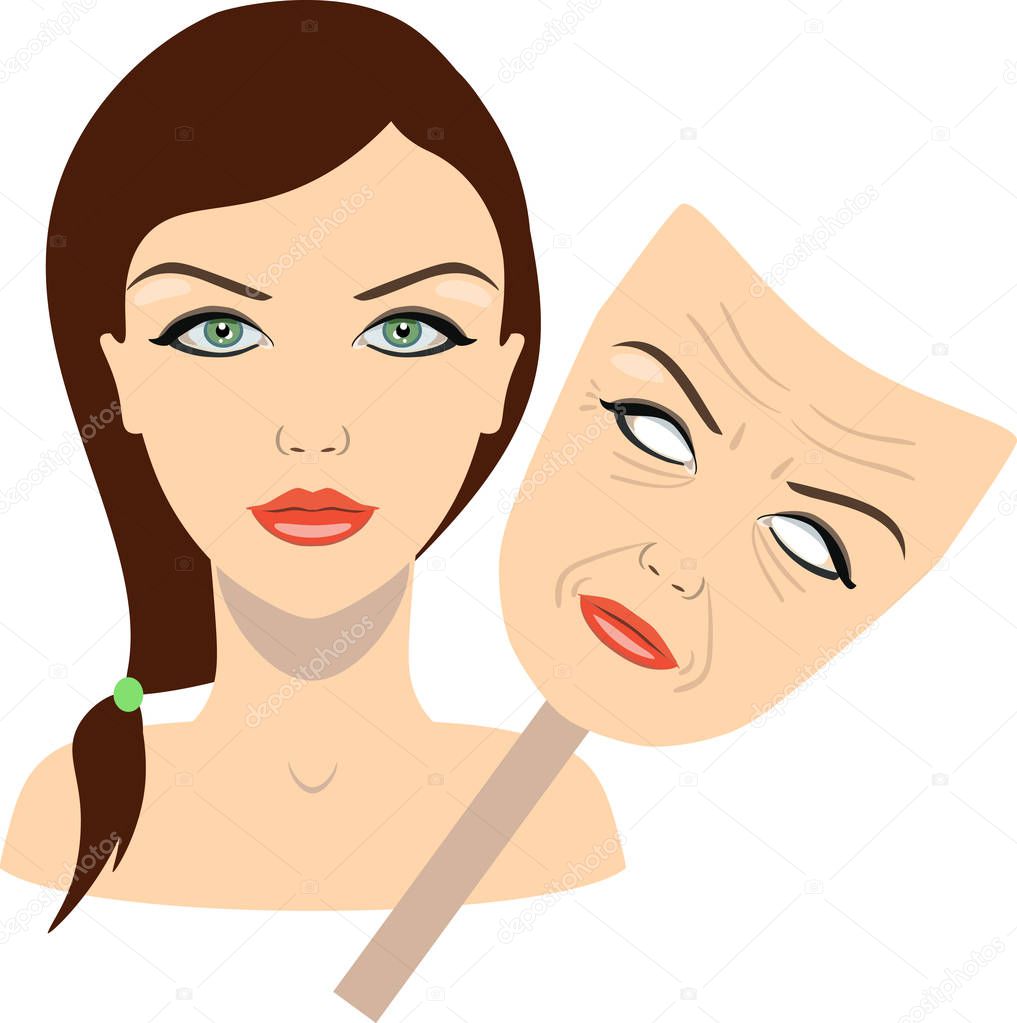face of a girl and mask with aged face. concept of rejuvenation. vector illustration