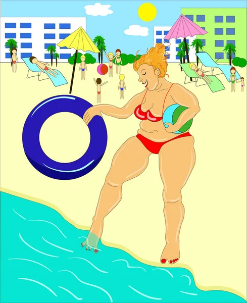 Ilustração vetorial, descanso na praia, mulher gorda entrando na água — Vetor de Stock