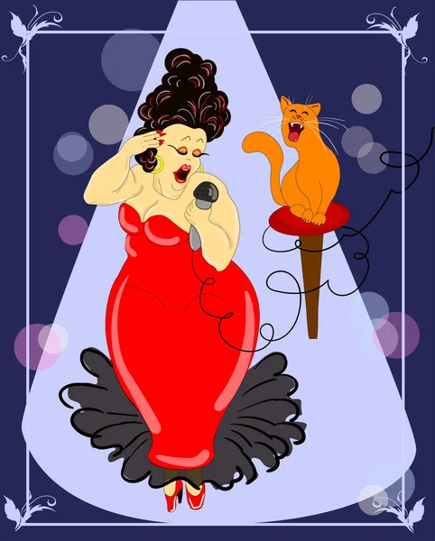 Fat lady i czerwony kot śpiewu na scenie, ilustracji wektorowych — Wektor stockowy
