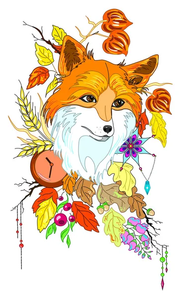 Abstract stylized cute fox with autumn decorations and leaves vector illustartion isolated — Stock Vector