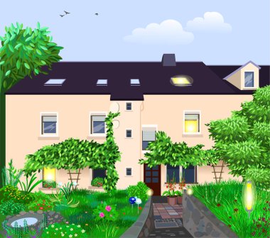 Güzel yazlık ev ve Bahçe vektör karikatür çizimi