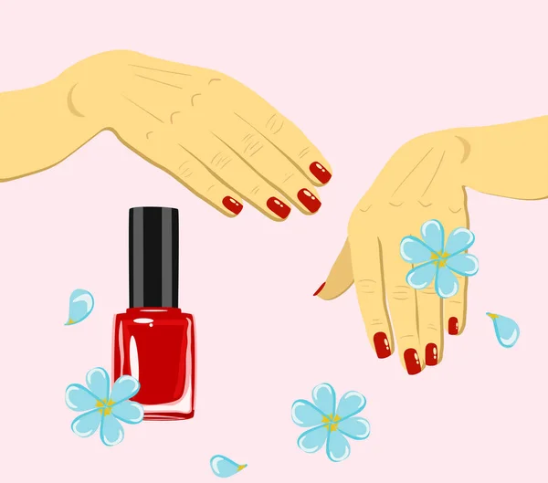 Wektor ręce kobieta z czerwonymi paznokciami i lakier do paznokci z kwiaty na białym tle — Wektor stockowy