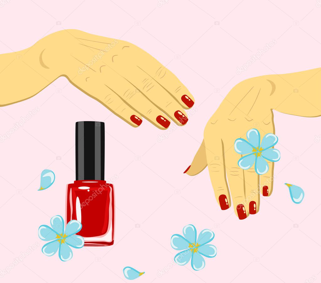vector woman hands with red fingernails and nail polish with flowers isolated