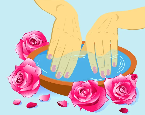 Manicure, cuidado com as mãos. Mãos bem cuidadas da mulher com tigela, flores, ilustração vetorial —  Vetores de Stock
